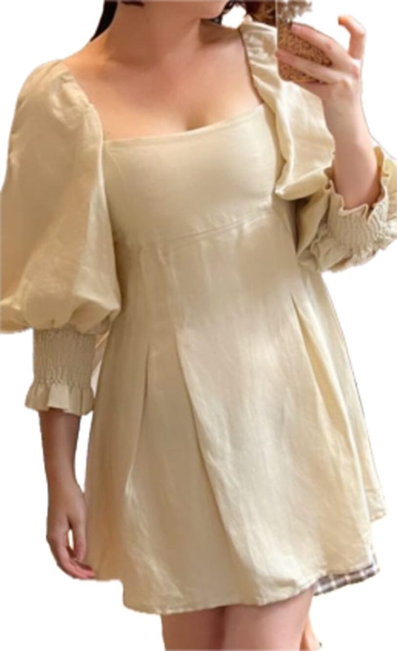 Nary Resort Tan Beige Linen Cotton Blend Puff Sleeve Mini Dress Plus size XXL